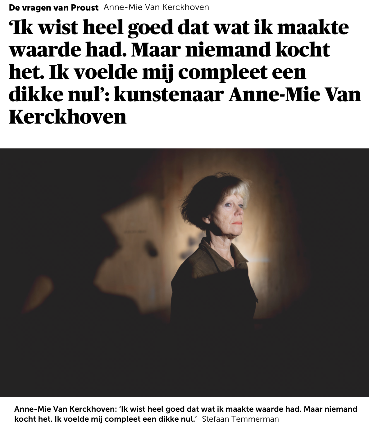 Het artikel over Anne-Mie Van Kerckhoven zoals het verscheen in De Morgen, met een portret van de kunstenaar