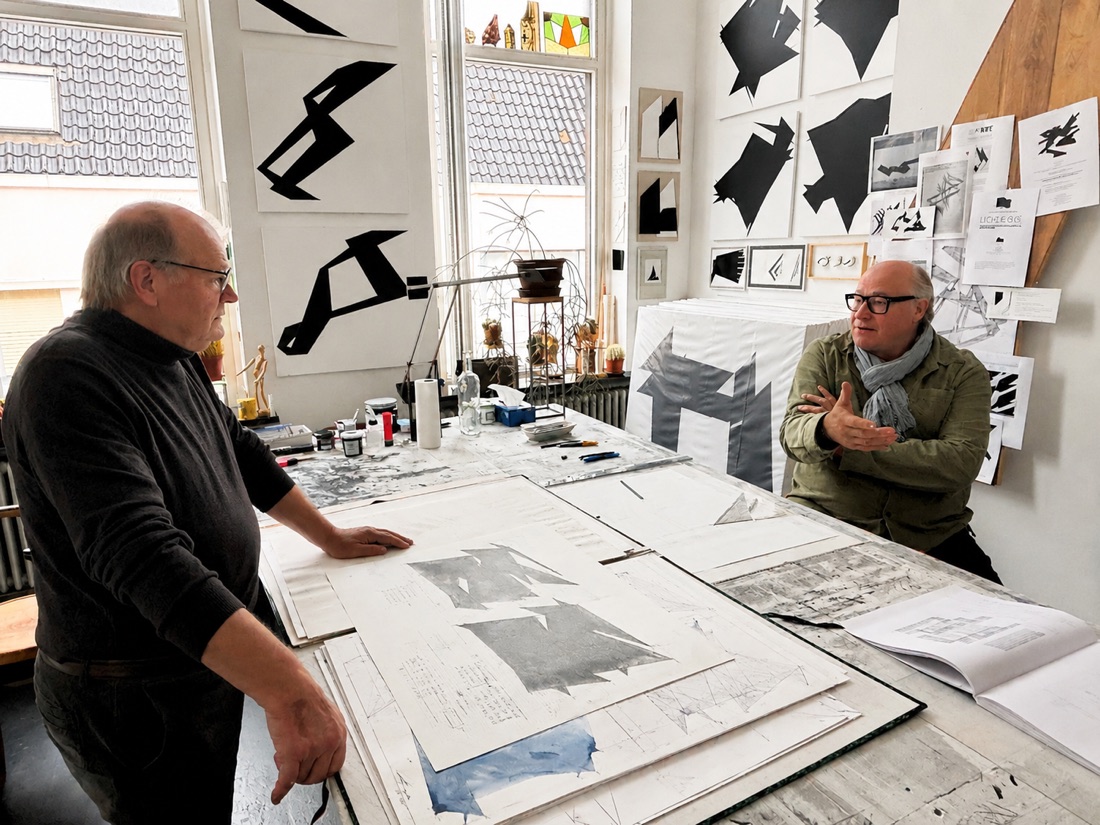 Albert Rubens met Johan Vansteenkiste in zijn atelier